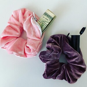 May include: Two fabric hair scrunchies, one pink and one dark purple. The pink scrunchie has a dollar bill tucked inside.