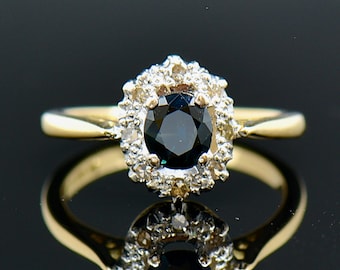 Vintage 1960s Unheated Blue Sapphire & Diamond 18ct Gold Halo Engagement Ring