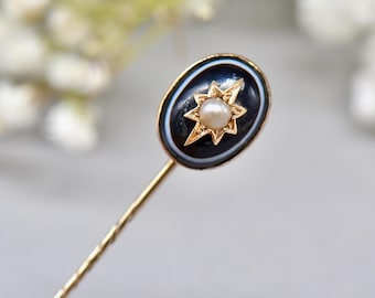 Victorian Agate Seed Pearl Star Stick Pin, 15ct Gold Lapel Pin (Boxed)