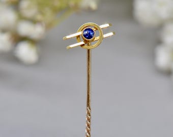 Vintage 15ct Gold Sapphire Stick Pin, Geometric Lapel Pin (Boxed)