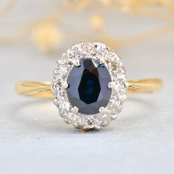 Vintage Sapphire and Diamond 18CT Yellow Gold & Platinum Halo/Cluster Engagement Ring (1.52cts)