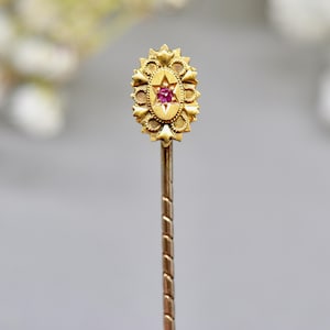 Puede incluir: Alfiler de corbata antiguo dorado con cabeza ovalada. La cabeza presenta un diseño de estrella central con una pequeña gema roja redonda. La cabeza está rodeada por un borde ornamental en forma de flor. Joya vintage.