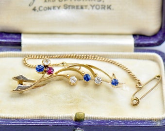 Edwardian Old Mine Cut Diamond Sapphire & Ruby 15ct Yellow Gold Clover Leaf Brooch With Safety Chain