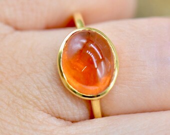 Genuine Sperssatite / Spessartine Garnet Cabochon Gold Plated Silver Bezel Set Ring (5.62 Carats)