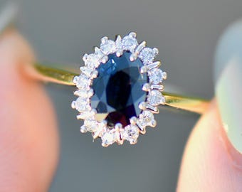 Bague Ancienne Or 18ct Jaune - Saphirs Et Diamants - Taille UK N 1/2 - Occasion