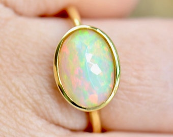 Natural Ethiopian Opal Cabochon Gold Plated Silver Bezel Set Ring (1.76 Carats)