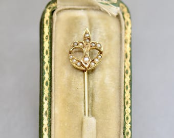 Antique French Fleur-de-lis Seed Pearl 14K Gold Stick Pin with Box