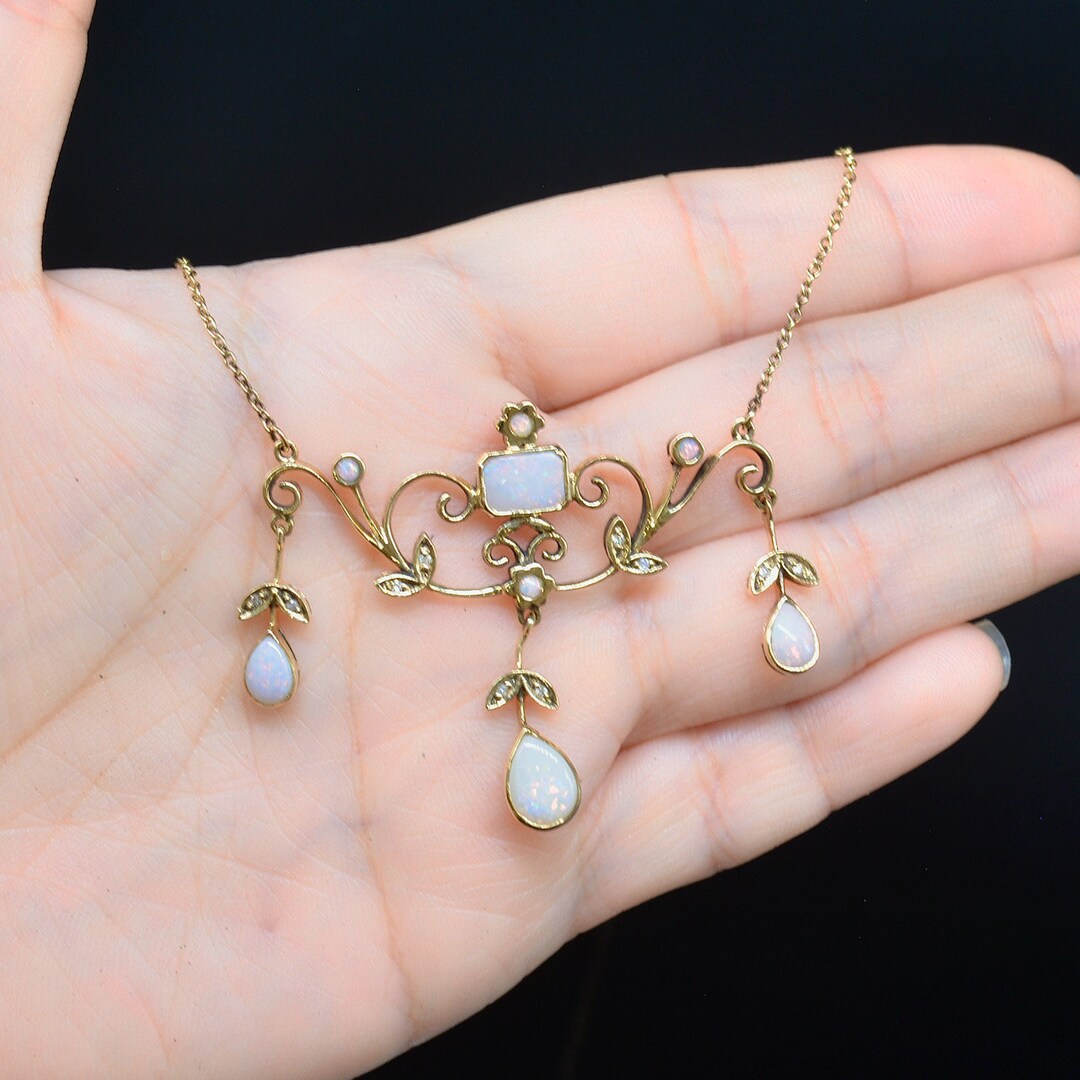 Vintage 9CT Yellow Gold Opal and Diamond Festoon Necklace Etsy
