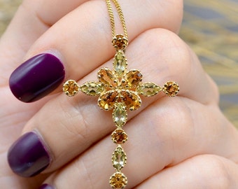 9ct Yellow Gold Citrine and Prasiolite Cross Pendant and Chain (2.05cts)