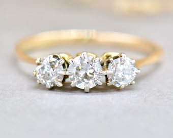 Art Deco Old European Cut Diamond 18ct Yellow Gold Trilogy Engagement Ring (0.67ct)