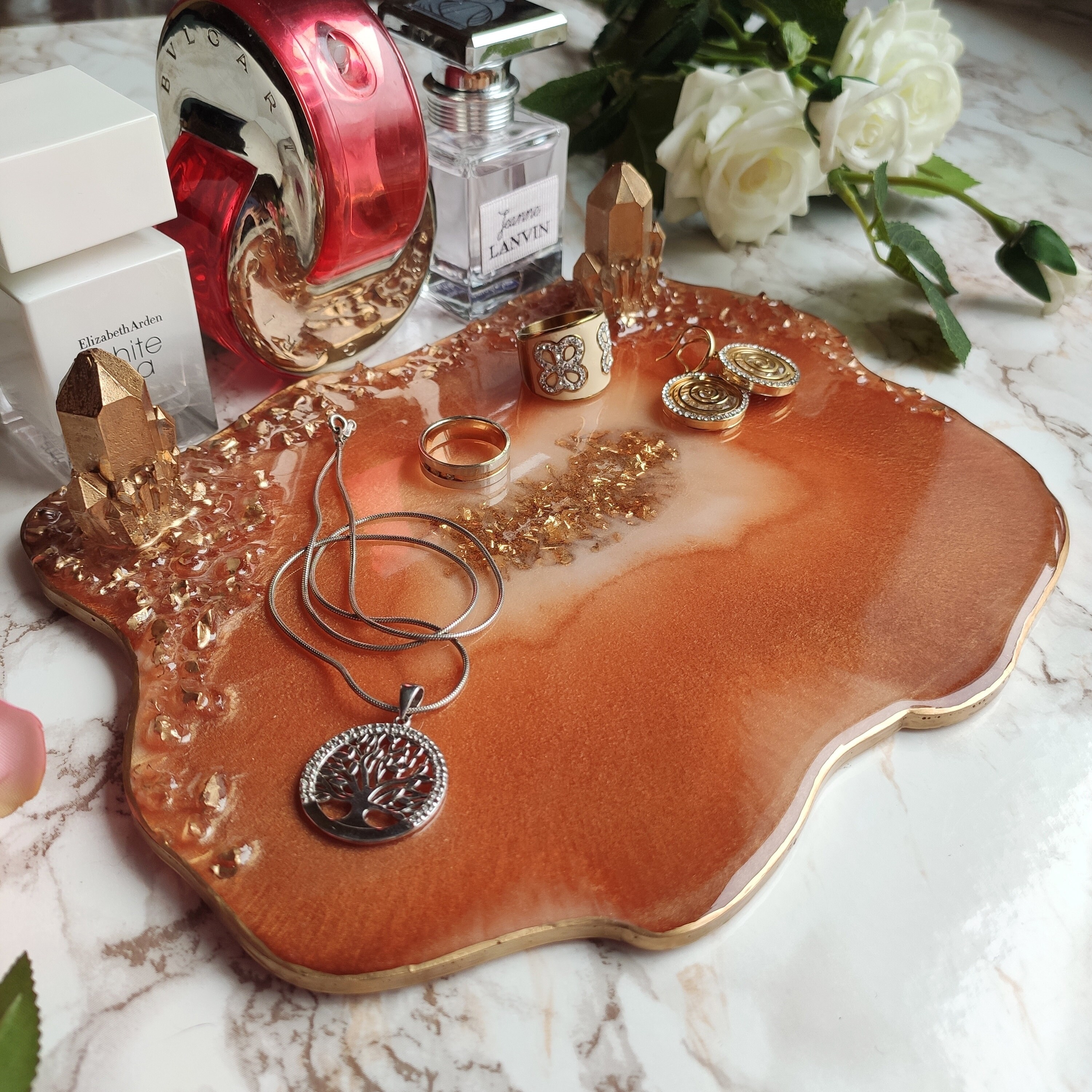 Decorative perfume tray with crystals Golden resin tray Etsy