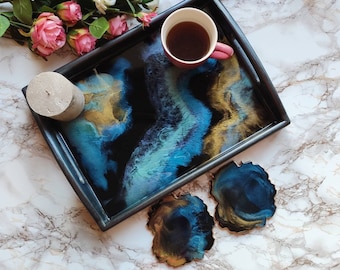 Resin tray with handles, Coffee table tray, Wooden serving tray, Resin and wood tray