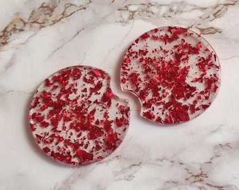 Red Glitter Car Coasters: Handmade Epoxy Resin Cup Holders (Set of 2)