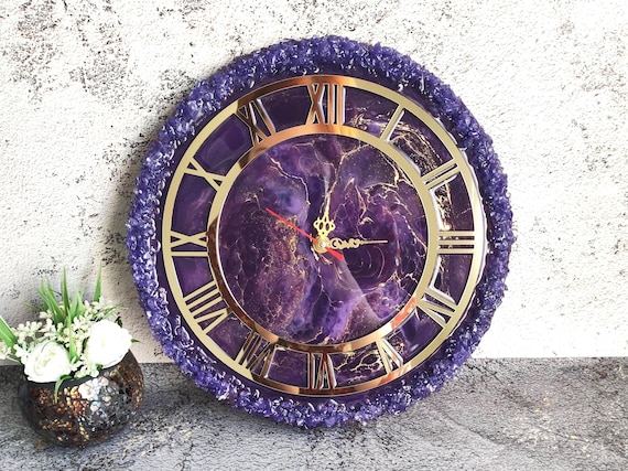 Amethyst Geode Wall Clock: Unique Resin Art with Glass Chips Home Improvement