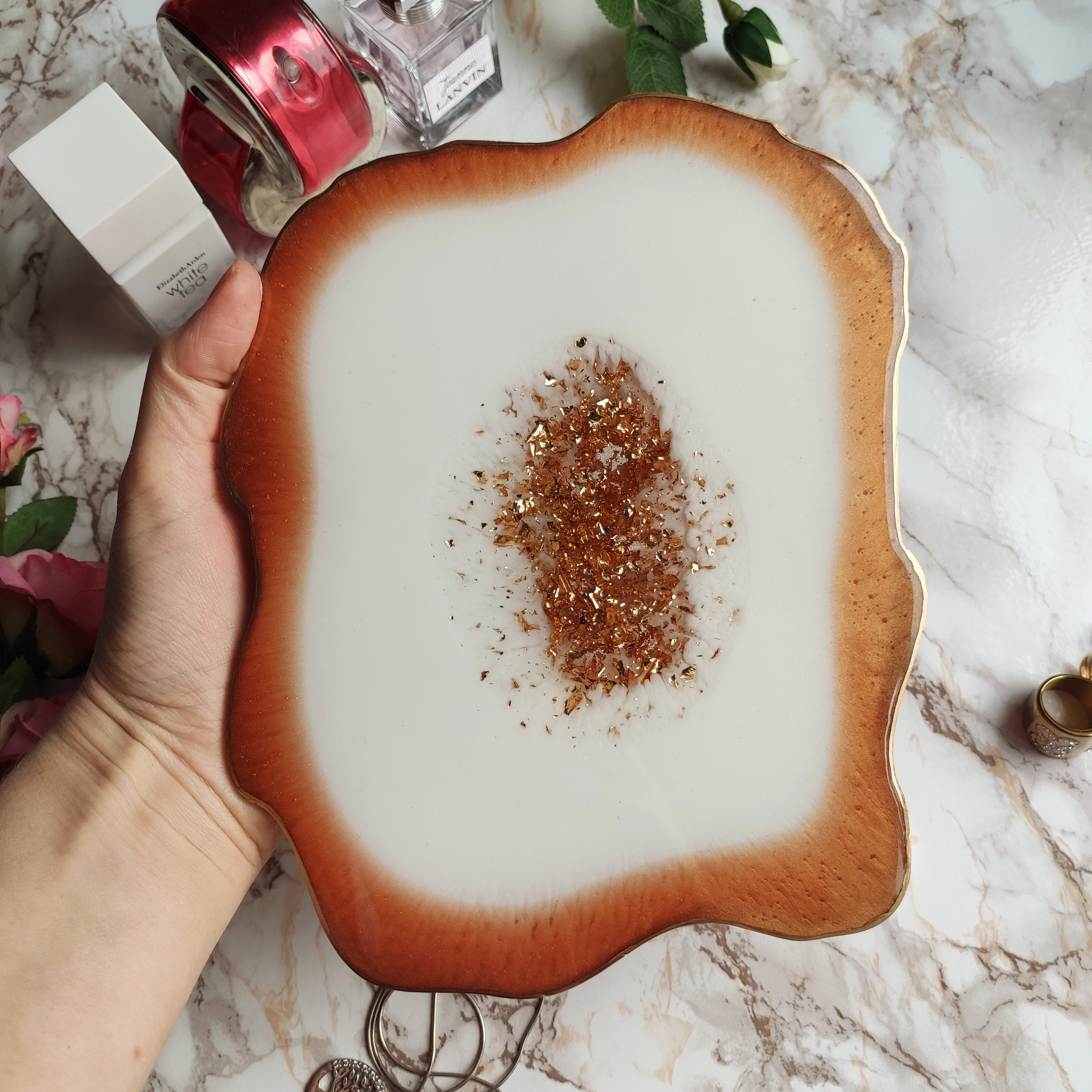 Decorative perfume tray with crystals Golden resin tray Etsy