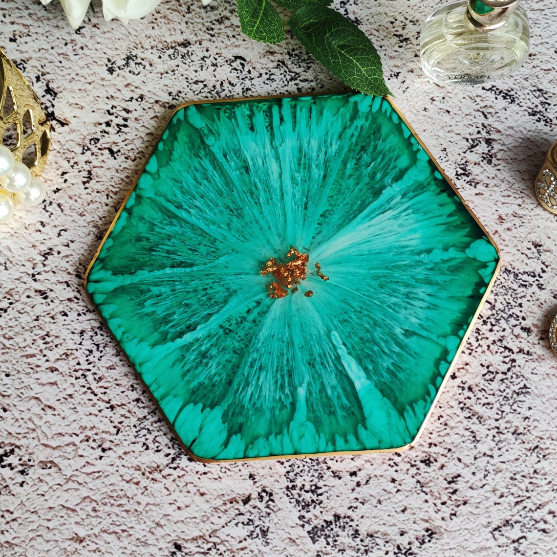 Green perfume tray Hexagon crystal tray Vanity tray Candle Etsy