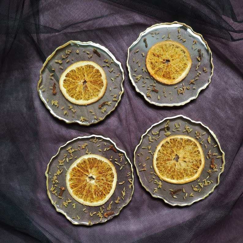 Cute resin coasters set with dried orange, Coffee table decor wedding coaster, Preppy room decor best friend gift, Cottagecore room decor image 5