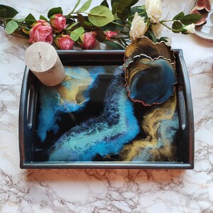 Resin Serving Tray with Handles: Space Nebula Geode Art, Coaster Set
