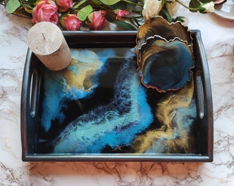 Wood and resin decorative tray coffee table decor, Serving tea tray geode art, Modern kitchen decor new apartment gift, 5th anniversary gift