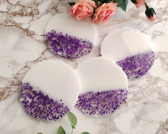 White and purple resin coasters set best friend birthday gift, Cute coasters new home gift, Resin art apartment decor handmade gift,Mom gift