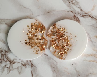Resin Car Coasters: White and Gold Flakes, Handmade Car Decor (Set of 2)