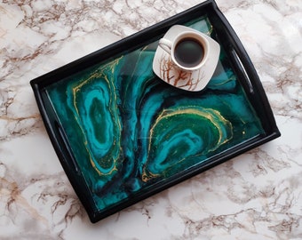 Handmade Wood & Resin Serving Tray, Green Nebula Design 5th Anniversary Gift