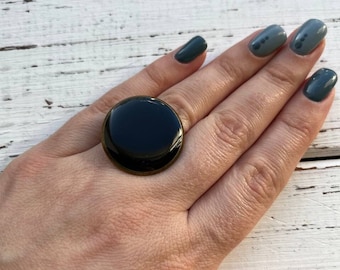 Grosse bague noire, grande bague ronde, grande bague réglable pour femme