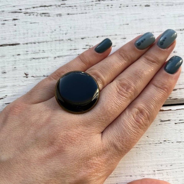 Chunky black ring, Big round ring, Large adjustable ring for women