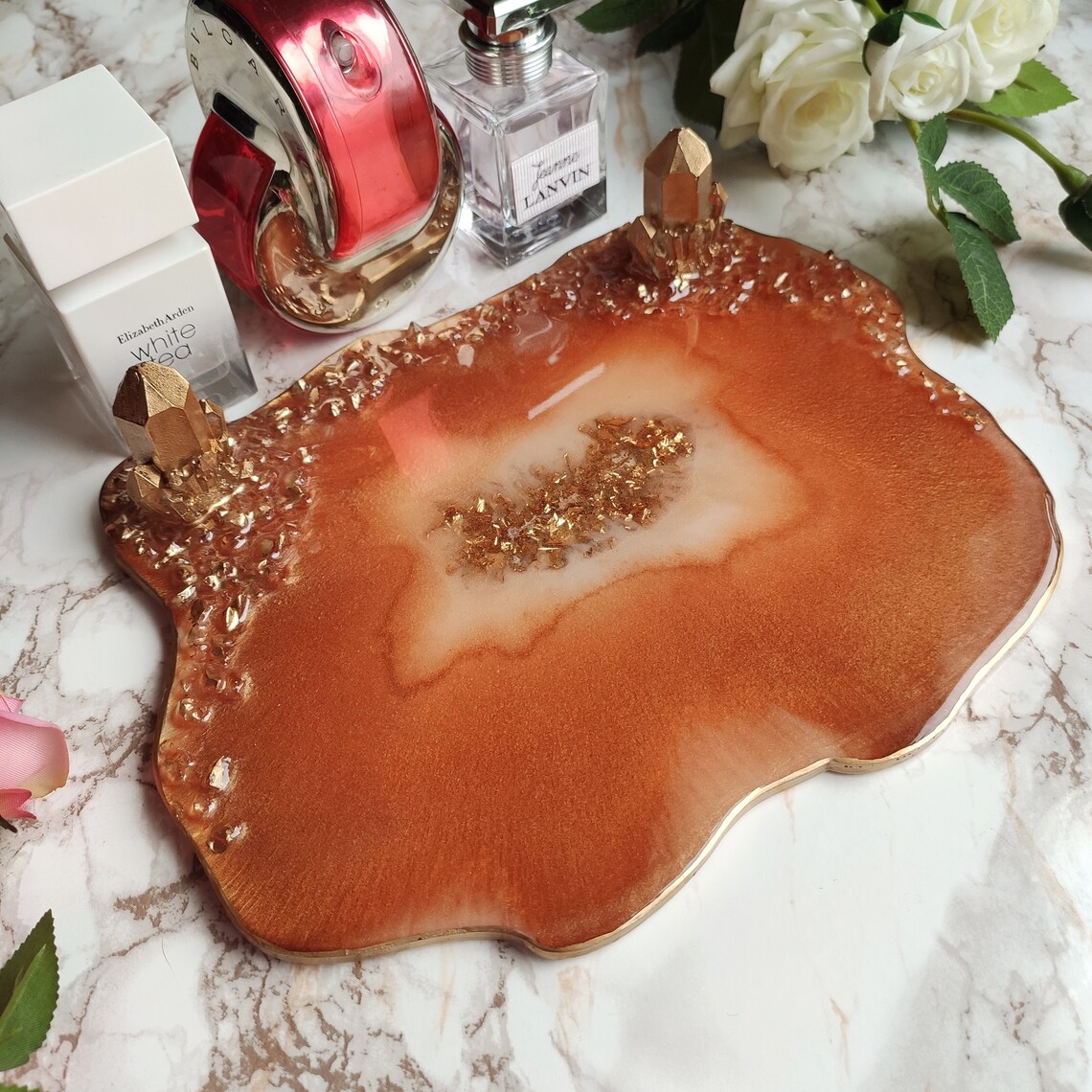 Decorative perfume tray with crystals Golden resin tray Etsy