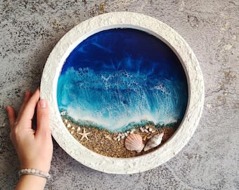 3D ocean waves wall decor, Framed seascape wall art, Resin art coastal bedroom decor, Beach wall art