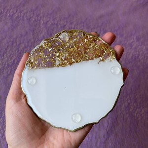 White and gold epoxy resin coasters set of 2 best friend birthday gift, Cute drink coasters set of 4 grandma gift, Unique handmade gift image 5