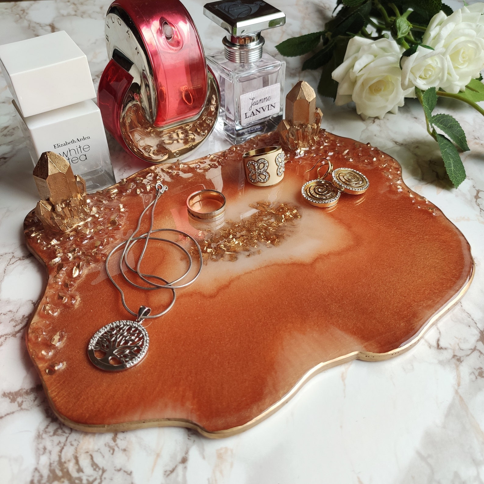 Decorative perfume tray with crystals Golden resin tray Etsy