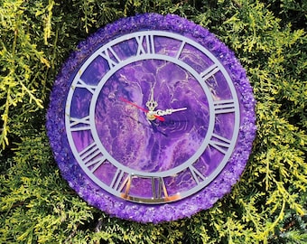 Amethyst wall clock wall art decor, Purple geode wall clock from epoxy resin, Unique wall clock living room wall decor, Large clock