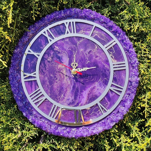 Purple modern wall clock apartment decor, Round large wall clock  aesthetic room decor, Amethyst 24 inch wall clock unique cottagecore decor