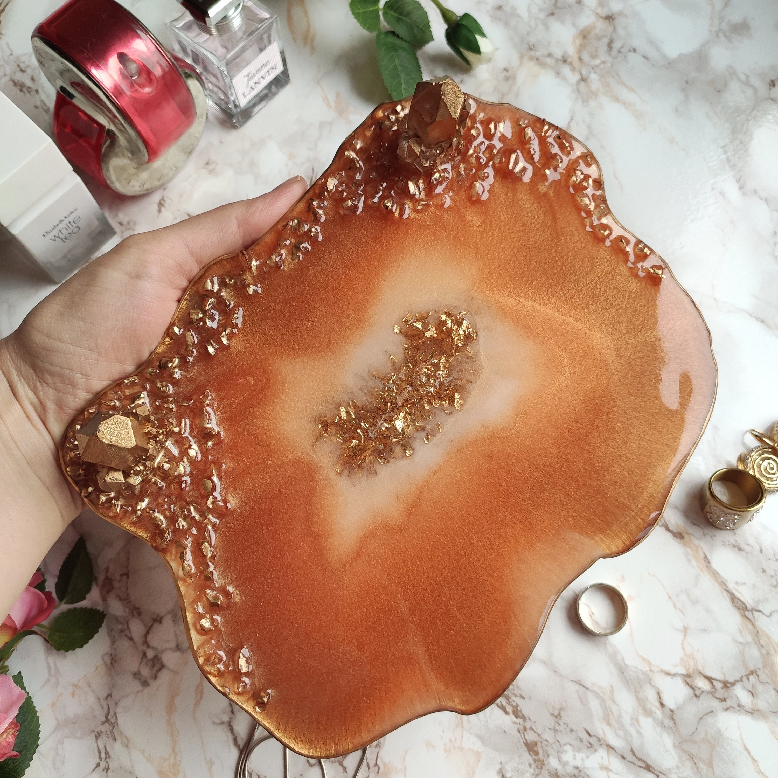 Decorative perfume tray with crystals Golden resin tray Etsy