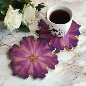 Flower shaped coaster from epoxy resin, Resin coasters set, Purple and pink coffee table decor, Sakura handmade coaster, Cute coasters gift