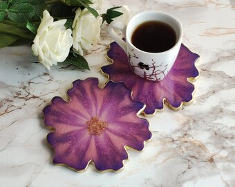 Flower shaped coaster from epoxy resin, Resin coasters set, Purple and pink coffee table decor, Sakura handmade coaster, Cute coasters gift