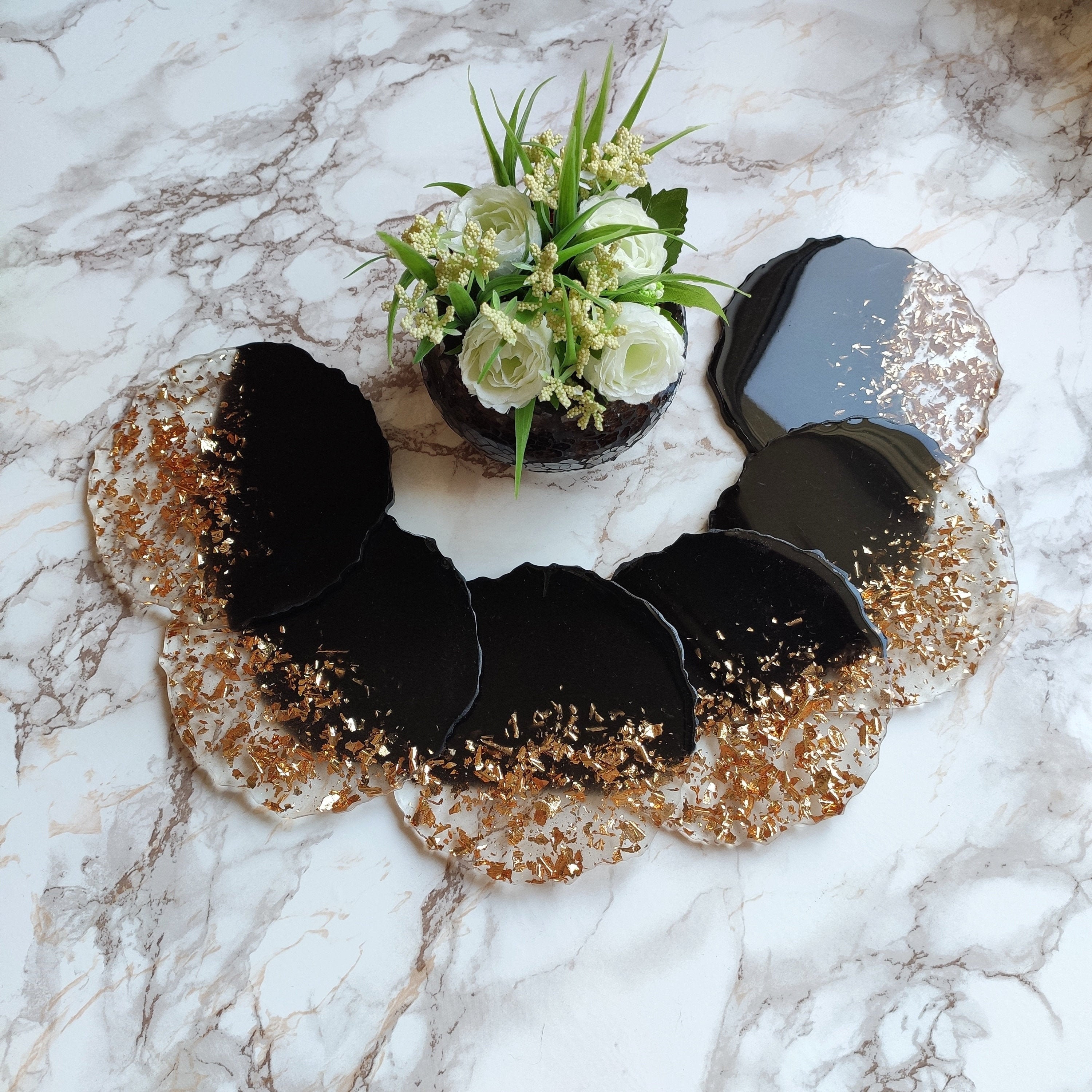 Black and gold resin coasters Modern coasters Epoxy coasters Etsy