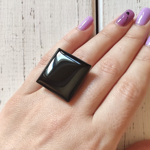 Chunky ring  Black large ring Square big ring Adjustable ring for women