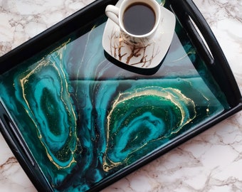 Resin Coffee Table Tray: Geode Art, Wood Serving Tray