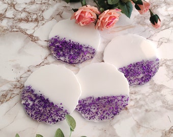 White and purple epoxy resin coaster set housewarming gift for couple, Drink coasters first home gift,New apartment decor,Coffee table decor