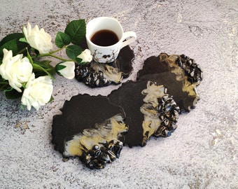 Black geode art coasters set of 4 new home gift, Coffee table decor housewarming gift best friend, Kitchen decor mom gift, Birthday gift
