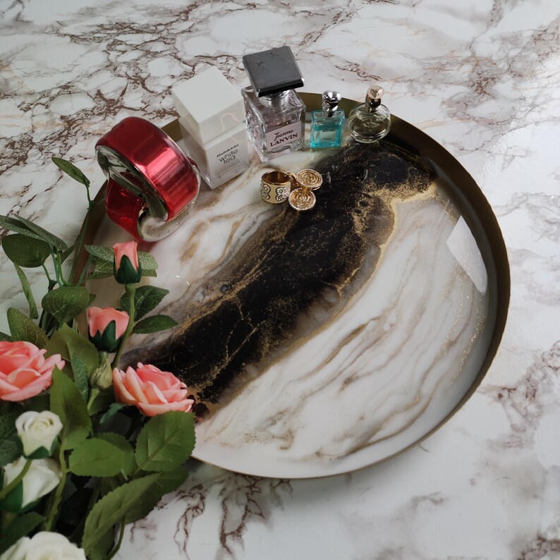 Round Marble Vanity Tray From Brass and Epoxy Resin Perfume Etsy