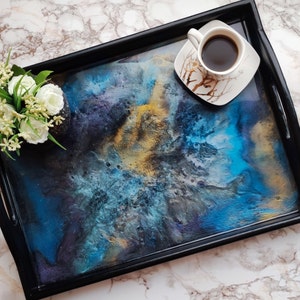 Resin tray with handles, Wood and resin serving tray, Coffee table tray