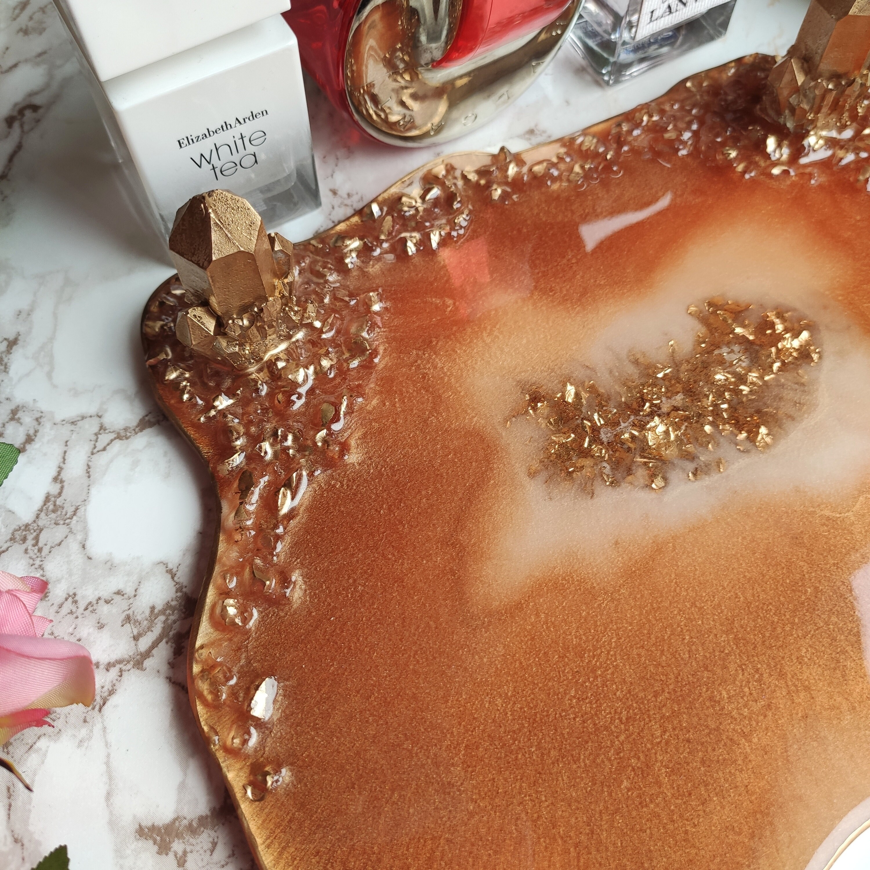 Decorative perfume tray with crystals Golden resin tray Etsy