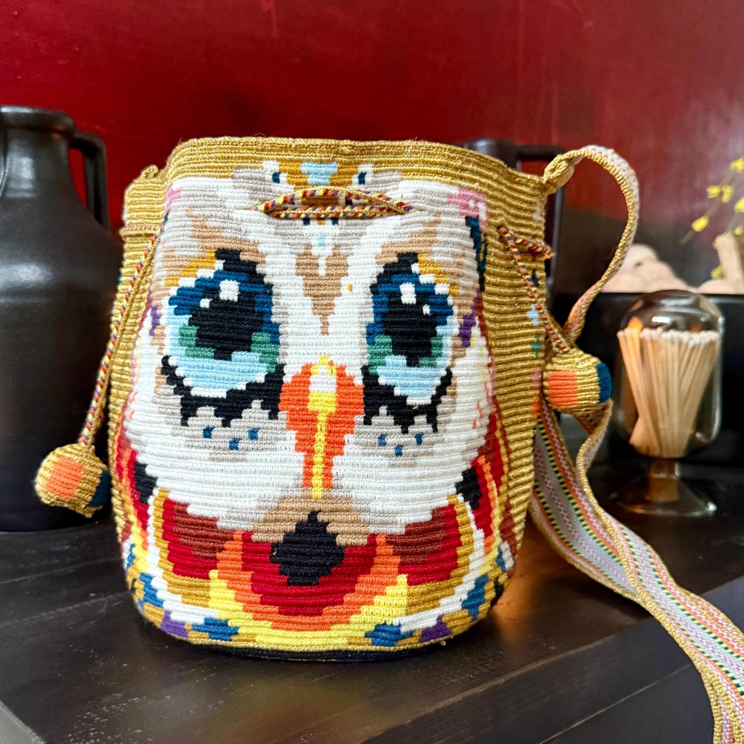 Wayuu Crochet Bag: Handmade Owl Design with Gold Accents