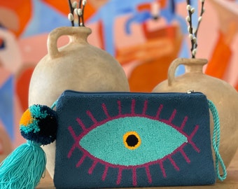 Make-up clutch portemonnee, handgemaakte clutch, make-uptasje, make-up organizer, buideltasje, Wayuu Eye Clutch.