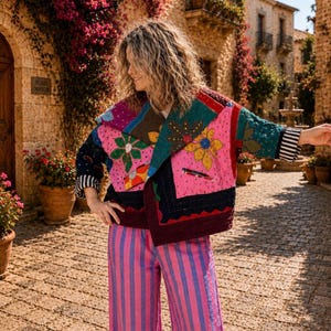 May include: A quilted jacket featuring a patchwork design with pink, teal, and dark blue panels, accented by yellow and green floral embroidery and black and white striped cuffs, paired with wide-leg trousers featuring vertical pink and blue stripes.