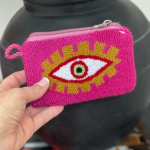 Evil Eye Lucky Awaken Eye Coin Purse, Punch Needle Tapizada Wayuu Purse Pouch,Lined, Key Wallet, Puyado purse,  Handmade in Colombia