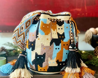 Handmade Wayuu Mochila Bag: Crochet Cat Design, Large Bucket Bag